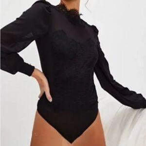 Free People Sweet Nothings Black Lace-Trim Long Sleeve Bodysuit
